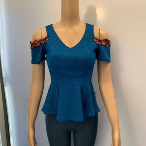 Women junior green blue ruffles glitter shoulder off blouse size (S) pullover
